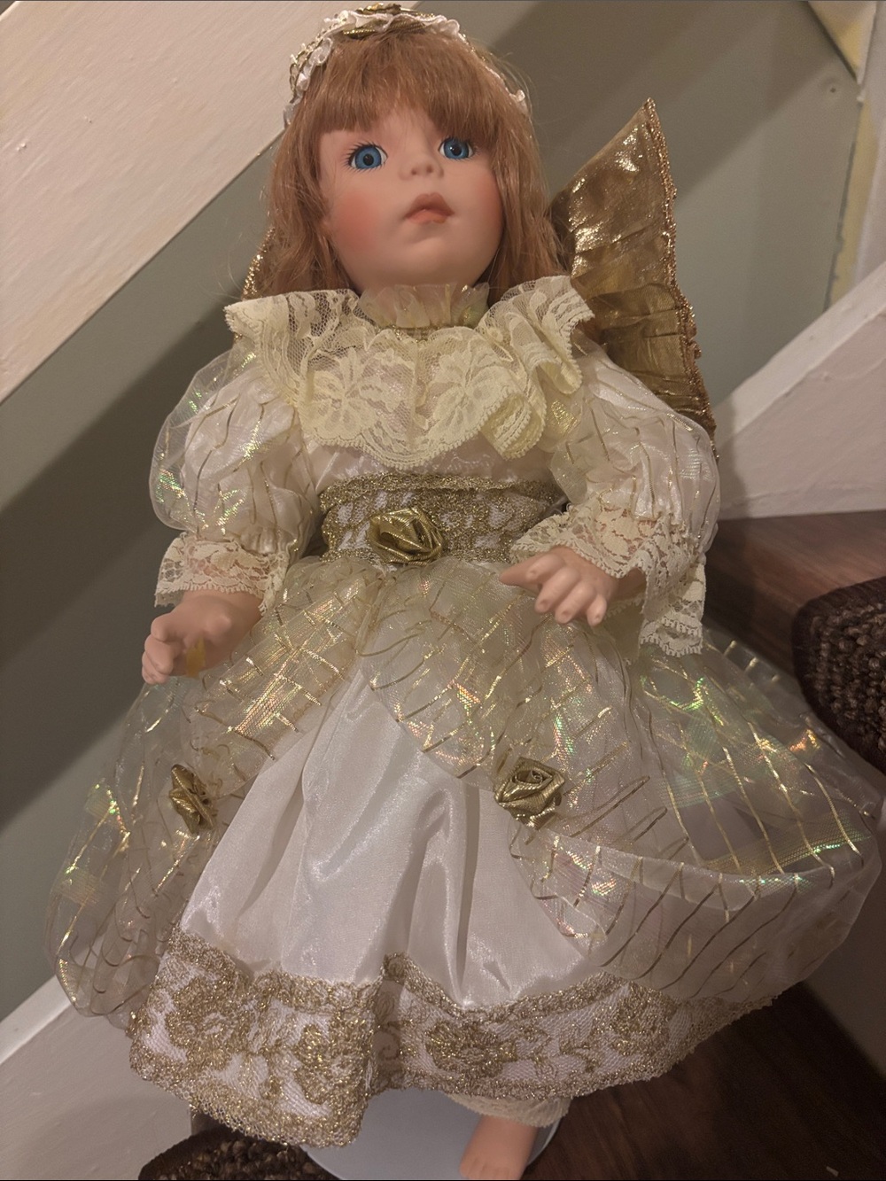 Porcelain Angel Doll in Cream and Gold - Decorative Kids collectible doll